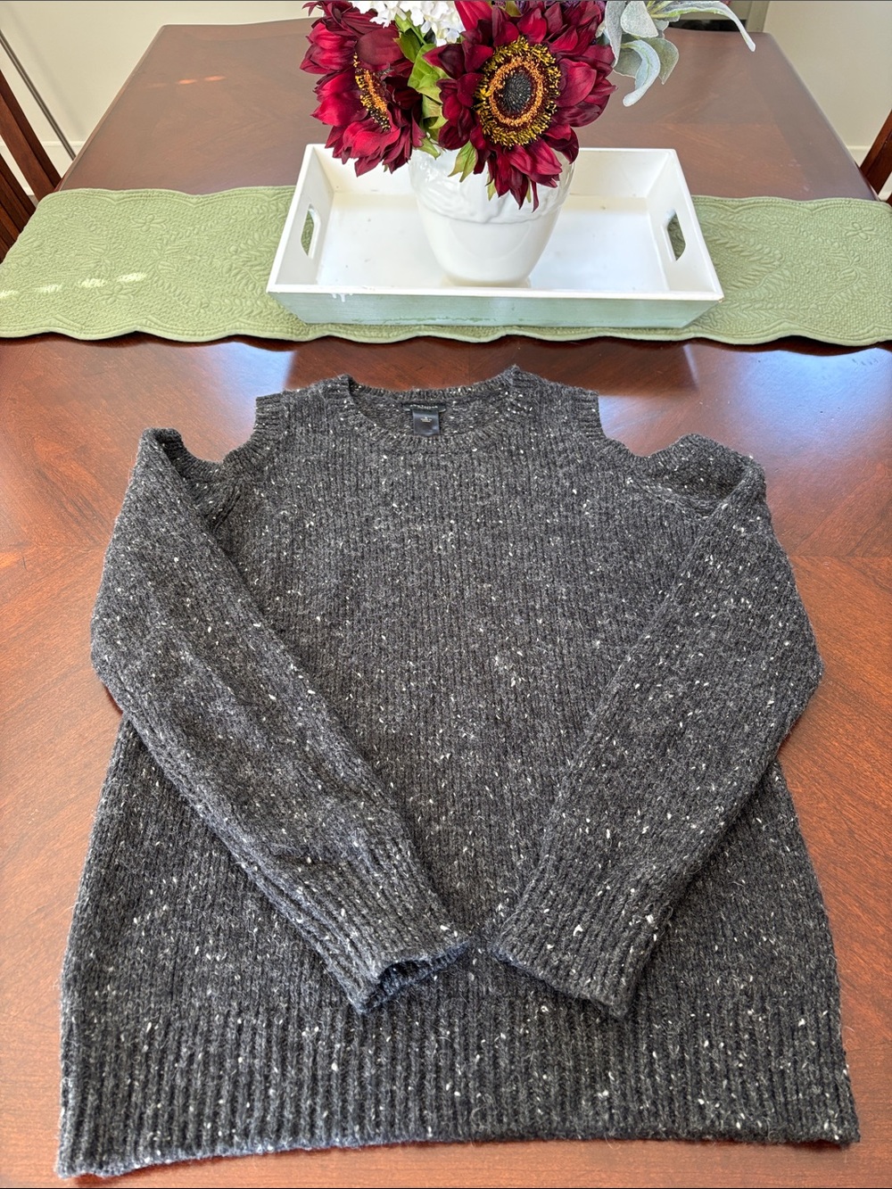 Ann Taylor Charcoal Speckled Crewneck Cold Shoulder Sweater